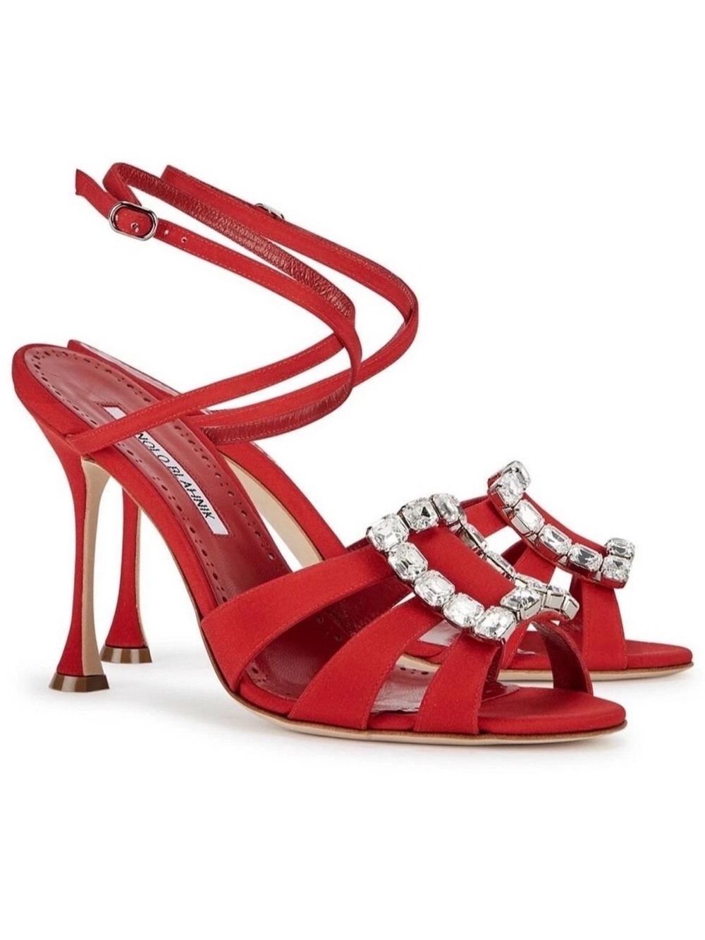 Manolo Blahnik Ticuna Crystal Buckle Strappy Sandals Red Heel size 39 NEW